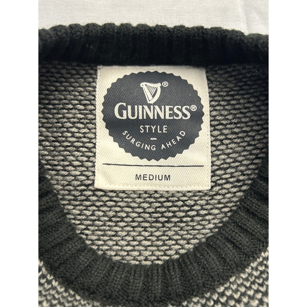 Guinness Mens Grey Black Birds Eye Knit Crewneck Sweater Pullover Medium Logo - Picture 4 of 8